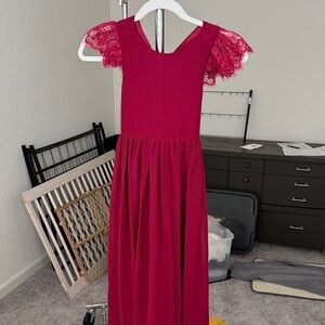 JJs House Kids Dress in Vibrant Red with Lace Sleeves
